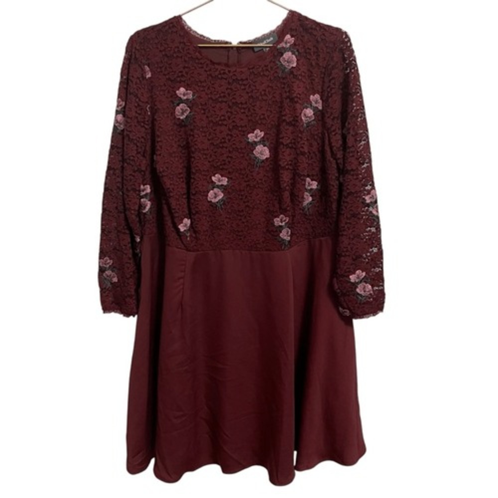 ModCloth Burgundy Floral Embroidered Lace Fit and Flare Long Sleeve Dress 22 NEW